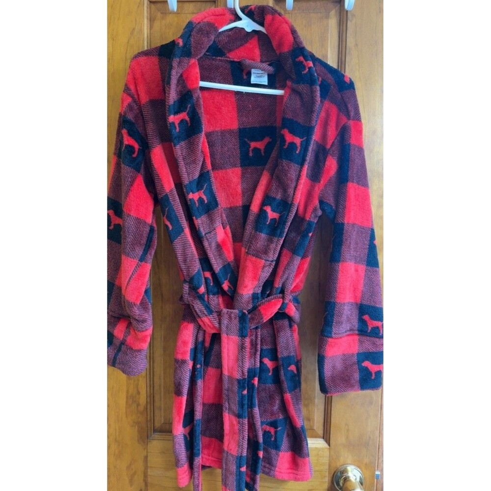 PINK XS/S Robe Women Red Buffalo Plaid Dog Logo Fleece Sleepwear Loungewear